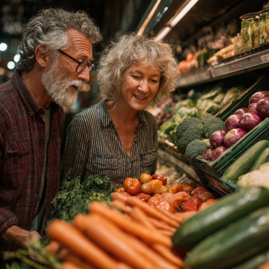Щастлива възрастна двойка с здравословна храна